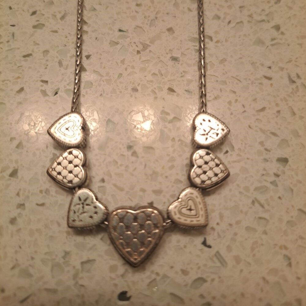 BRIGHTON SILVERTONE ORNATE SLIDER MULTI CHARM HEART CHAIN NECKLACE 18"